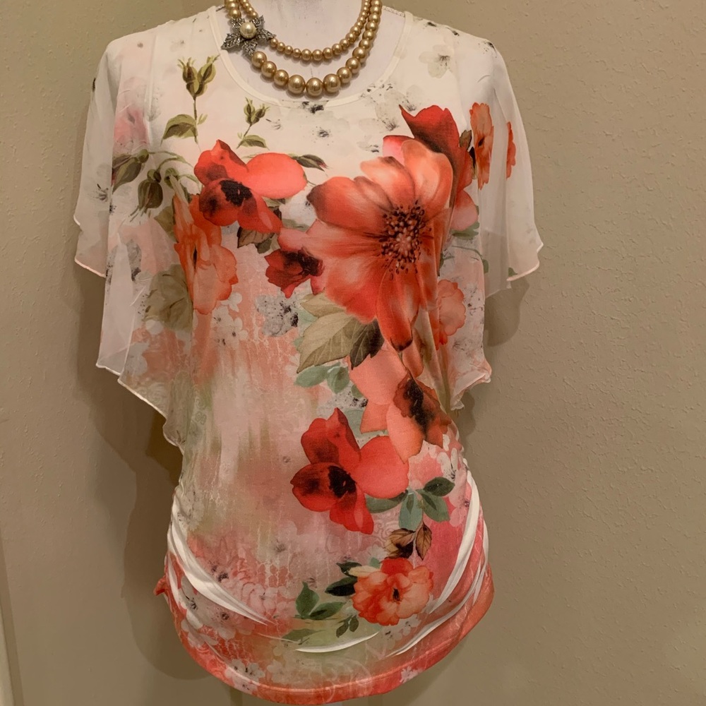 Espresso Flowers Top with Butterfly Wings Sleeves